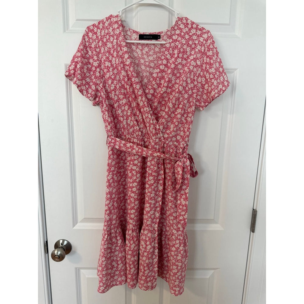 Women's ZESICA Pink White Floral Wrap Mini Dress M